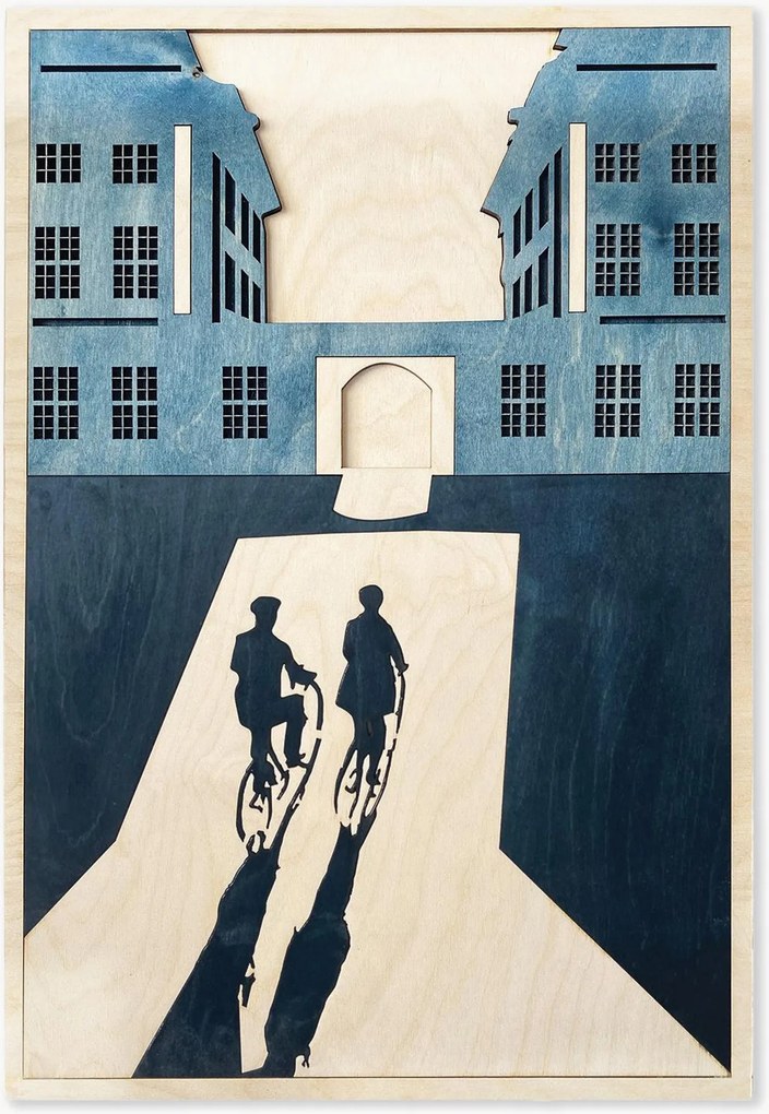 Handgemaakte houten wanddecoratie Bicycling Towards Hammershøi