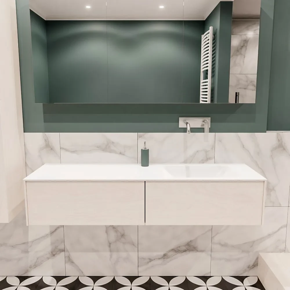 Lush onderkast 150cm in kleur UNDERLAYMENT met 2 lades Push tot open geschikt voor rechtse wastafel. Compleet met solid surface wastafel cloud M35218met 0 kraangat(en)