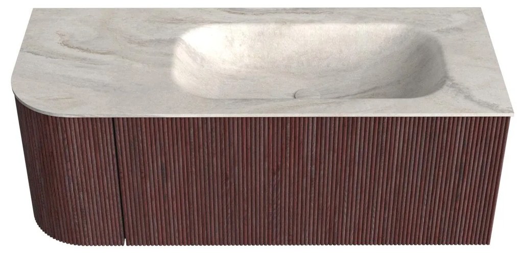 Mondiaz Kurve-dlux 115cm badmeubel ronding links ruby met 1 lade en deur en wastafel big small rechts zonder kraangat ostra