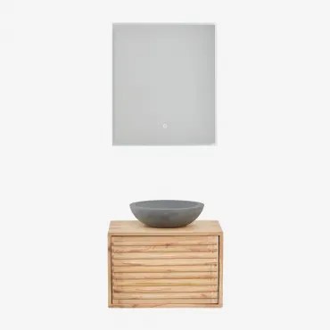 Deleyna Wandgemonteerde Houten Badkamermeubelset Natuurlijk Hout & Rond Grijs Cement Ø40 Cm Tarsis & Rechthoekige Led En Anticondens 60x70 Cm - Sklum