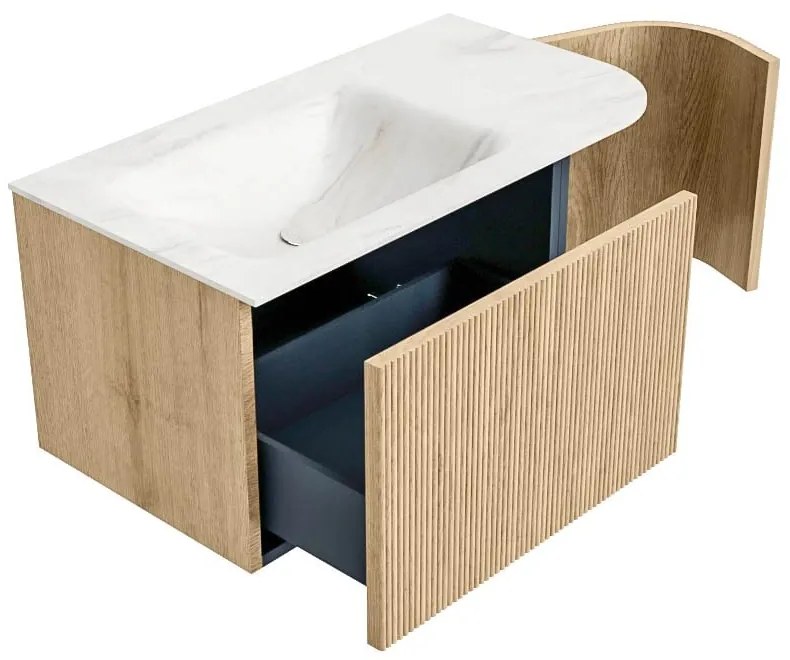 Mondiaz Kurve-dlux 85cm badmeubel ronding rechts oak met 1 lade en deur en wastafel cloud kraangat links ostra