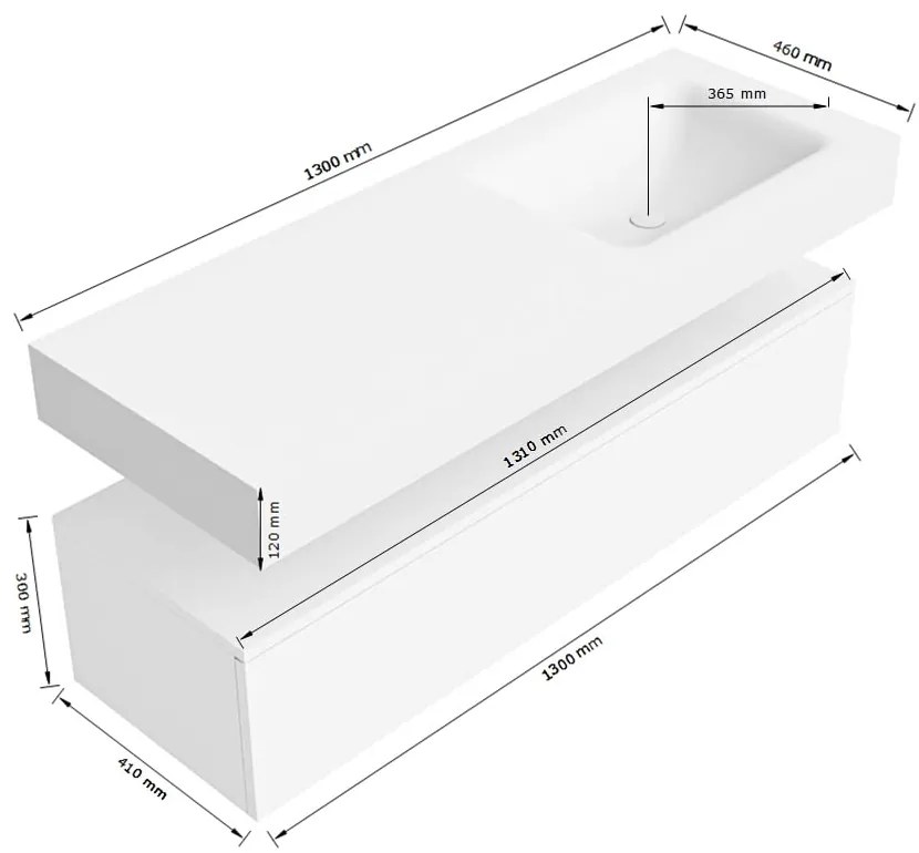 Zaro Alan badmeubel 130cm urban 1 lade met vrijhangende wastafel cloud rechts zonder kraangat talc