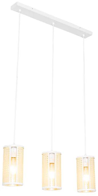 Eettafel / Eetkamer Oosterse hanglamp wit met rotan 3-lichts langwerpig - Akira Retro E27 Binnenverlichting Lamp