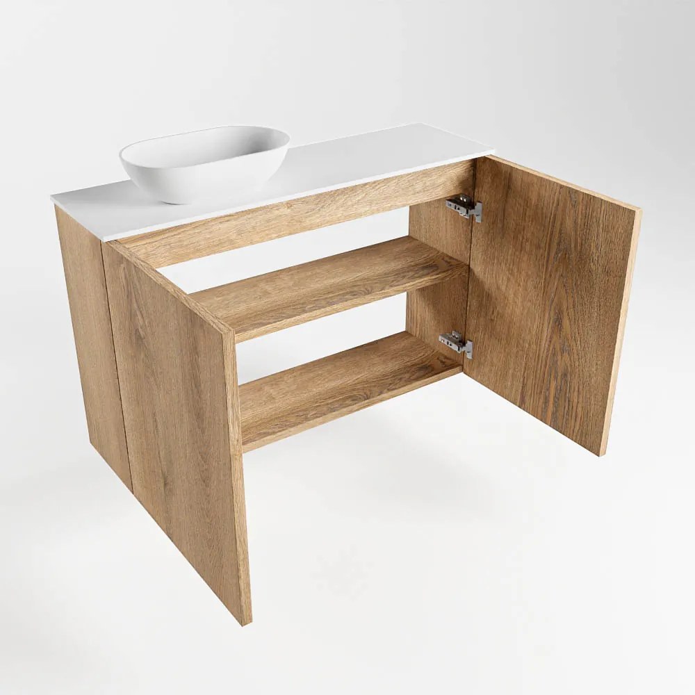 Mondiaz Fowy toiletmeubel 80cm washed oak met witte waskom links en kraangat