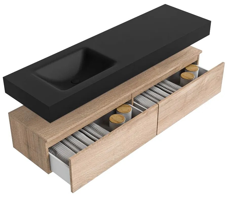 Zaro Alan badmeubel 160cm washed oak 2 lades met vrijhangende wastafel cloud links zonder kraangat urban