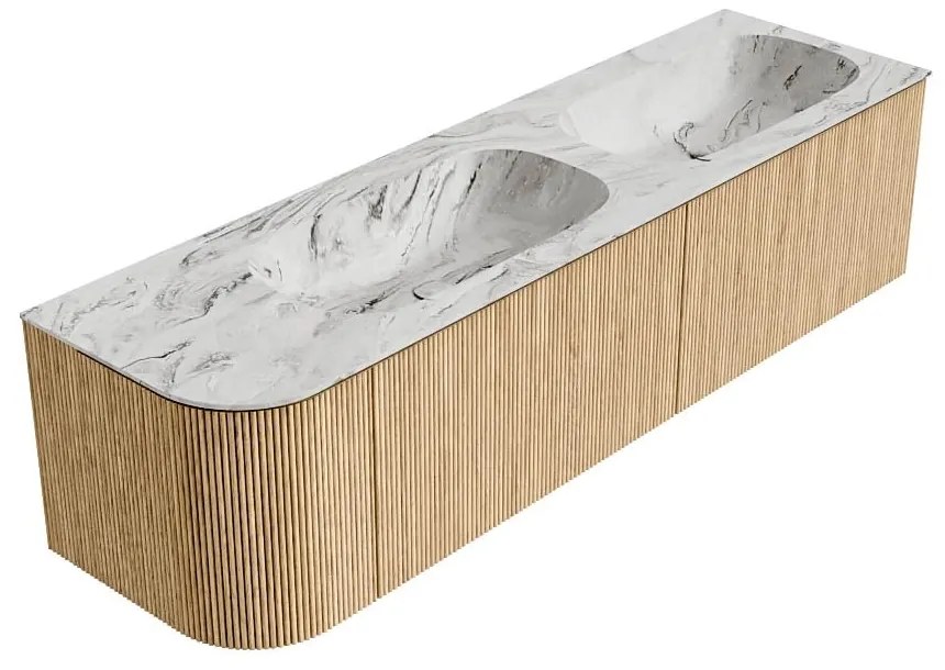 Mondiaz Kurve-dlux 165cm badmeubel ronding links oak met 2 lades en 1 deur en wastafel stor small dubbel/rechts zonder kraangat glace