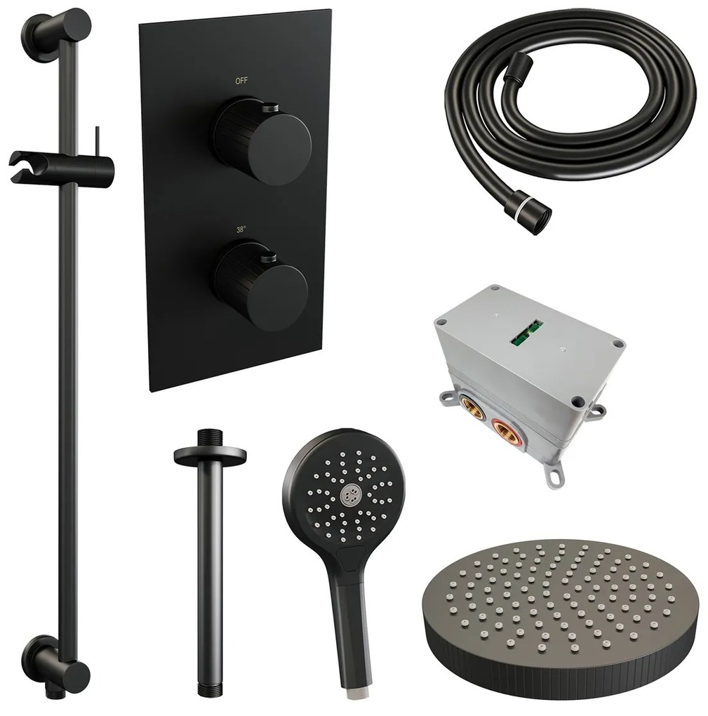 Brauer Stripe inbouw regendouche met 25cm hoofddouche, met plafondarm, glijstang en 3 standen handdouche set 24 zwart mat