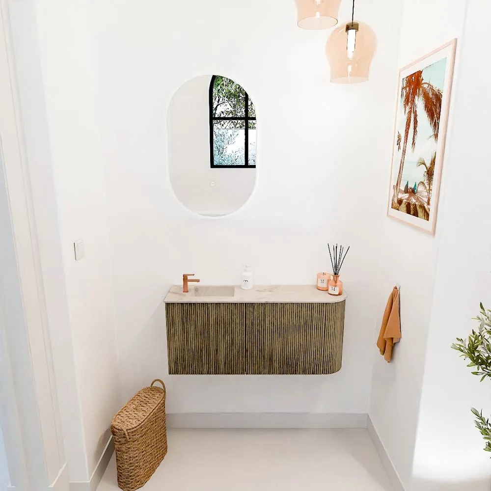 Mondiaz Joya DLux 90cm toiletmeubel ronding rechts dusk met wastafel faye links 1 kraangat frappe
