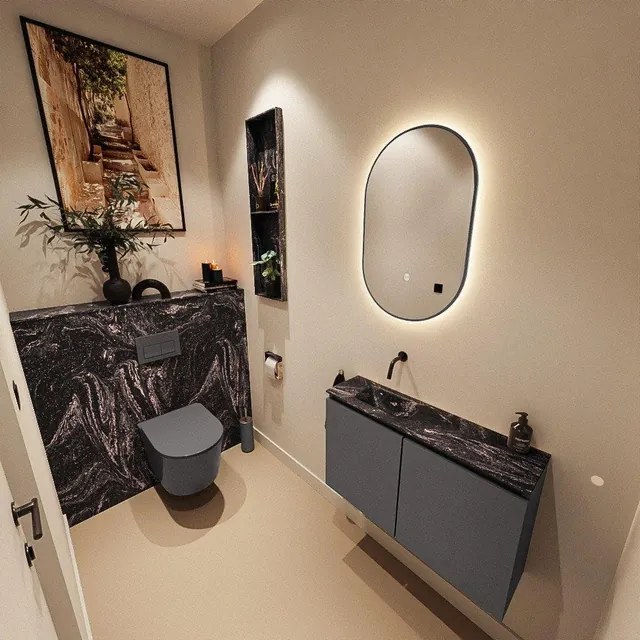 MONDIAZ TURE-DLUX 80cm toiletmeubel Dark Grey. EDEN wastafel Lava positie links. Zonder kraangat. TUREDX80DGRL0LAV