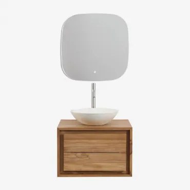 Jabari Teakhouten Badkamermeubelset Teakhout & Rond Cement Wit Ø40 Cm Zavion & Vierkant Led En Anticondens 75x75 Cm Tobie & Geborsteld - Sklum