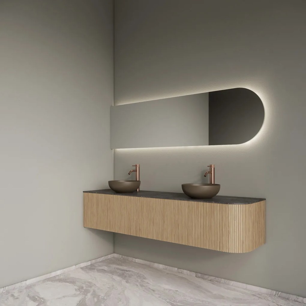 Gliss Design Alluro badmeubel ribbelfront met ronding rechts 180cm mist en zwart leisteen toppaneel