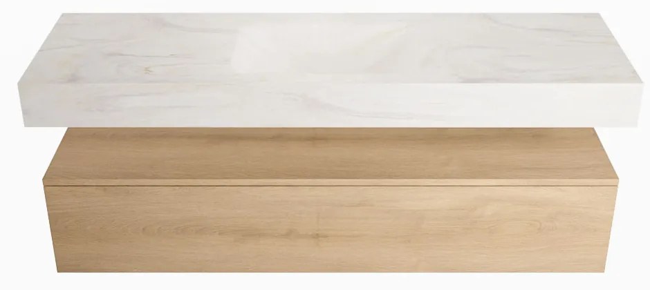 Mondiaz Alan DLux badmeubel 150cm washed oak 1 lade met wastafel ostra midden zonder kraangat