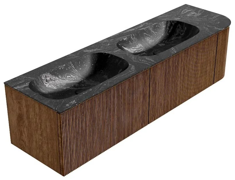 Mondiaz Kurve-dlux 165cm badmeubel ronding rechts walnut met 2 lades en 1 deur en wastafel stor small dubbel/links 2 kraangaten lava