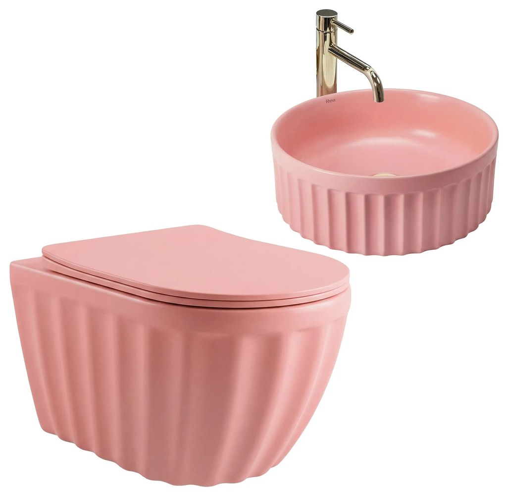 Set: Hangend toilet + Opbouw wastafel Rea Duo Sweet Pink Matt