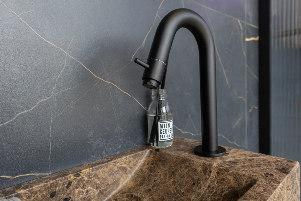 Saniclear Dark Emperador fonteinset met gebogen kraan in mat zwart