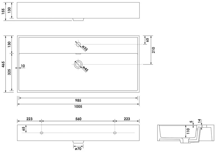 Brauer Lunar wastafel keramiek 100cm met 1 kraangat wit glans