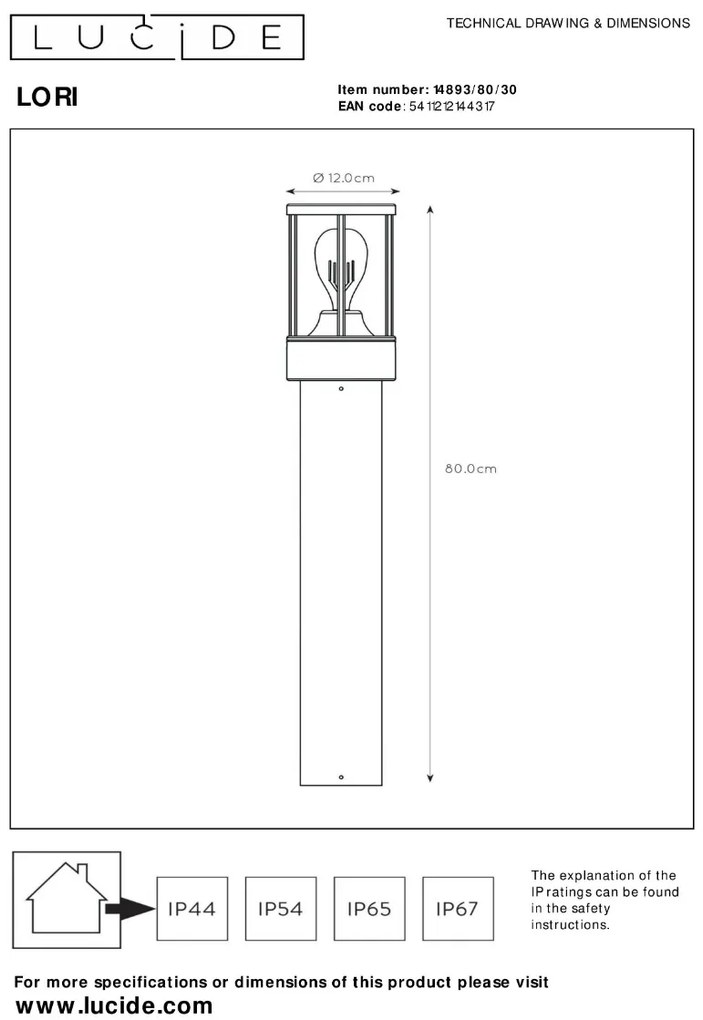 Lucide Lori sokkellamp 15W 80cm antraciet