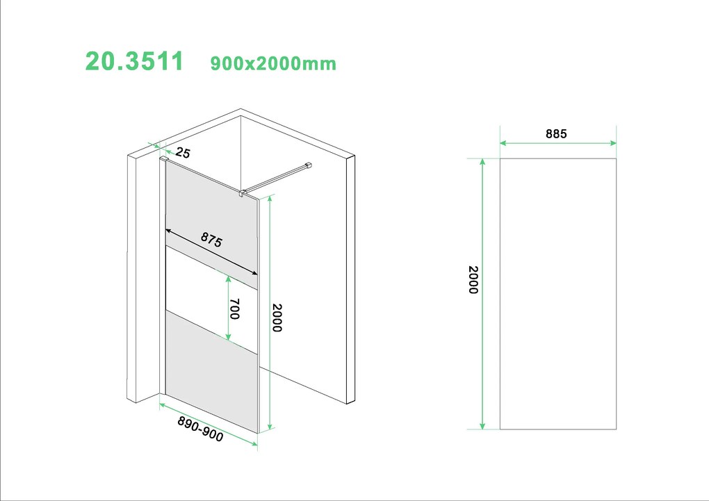 Mueller Slimline 90cm douchewand rookglas met schaamband 8mm NANO glas