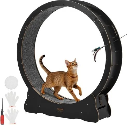 VEVOR kattenloopwiel, 118 cm binnendiameter, houten loopwiel voor katten tot 13,6 kg, kattenloopband met tapijtachtig loopoppervlak en vergrendelingsmechanisme, stil speeltje voor binnenkatten, zwart