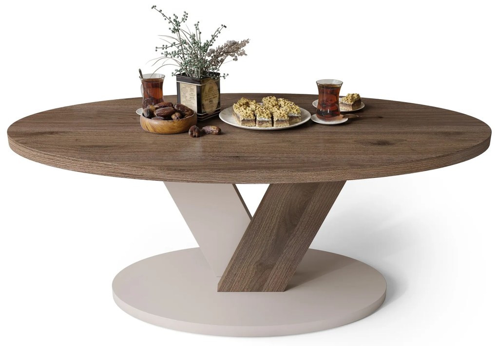 LOVA Noten Elegant/Beige Taupe - OVALE SALONTAFEL 110x60 cm MODERNE KOFFIETAFEL