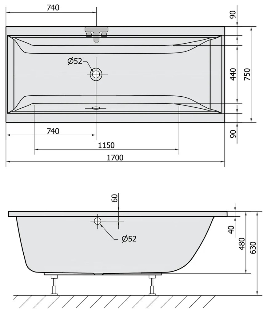 Polysan Cleo ligbad 170x75x48cm donkergrijs