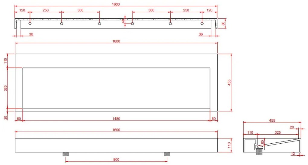 Fontana Gala zwart badmeubel ribbelfront met vrijhangende wastafel 160cm geen kraangaten