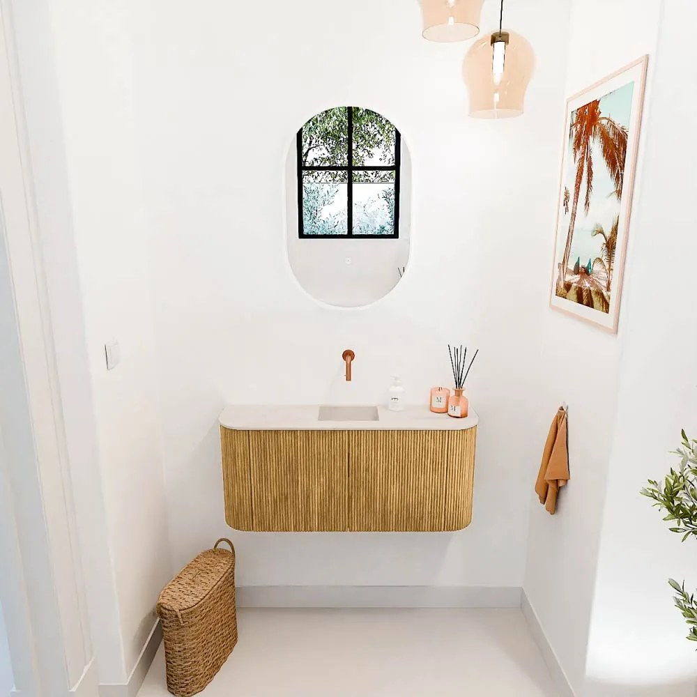 Mondiaz Joya DLux 95cm toiletmeubel ronding links/rechts oak met wastafel faye midden zonder kraangat meli