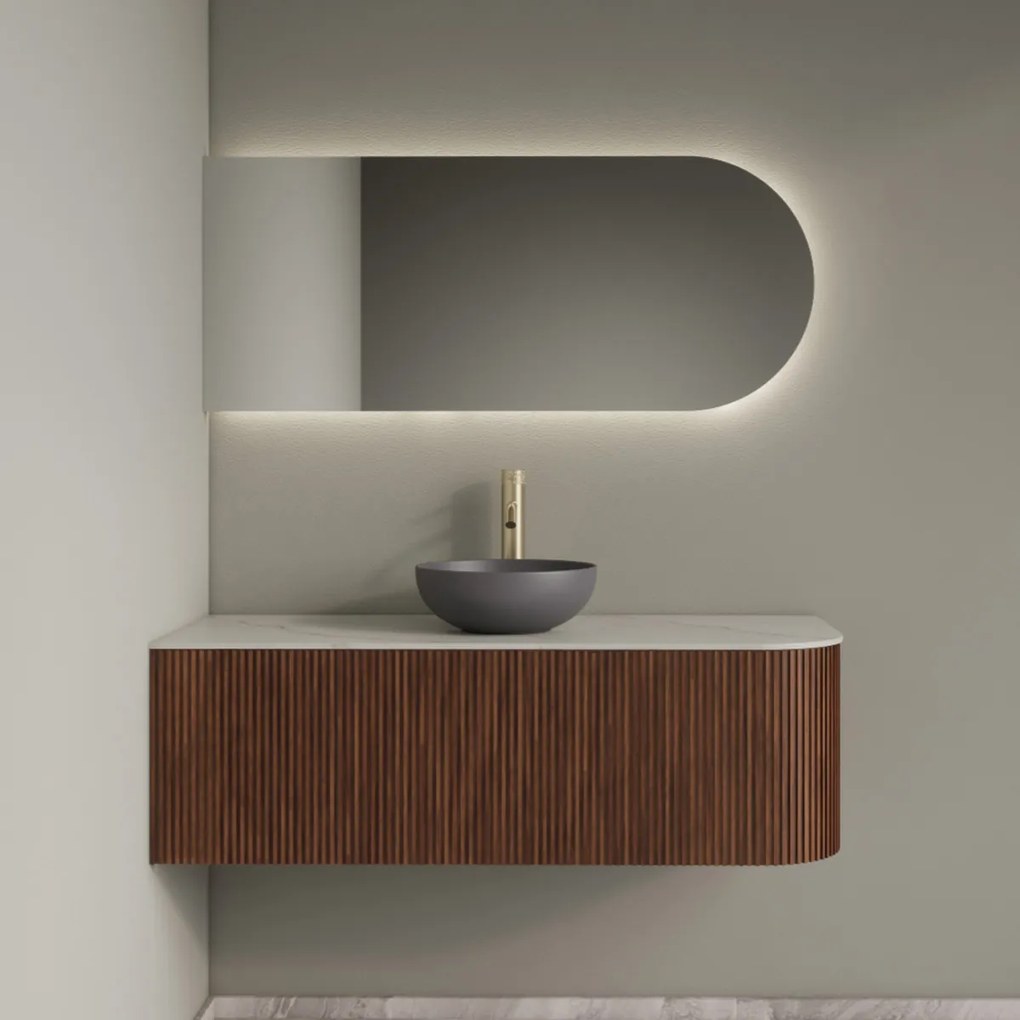 Gliss Design Alluro badmeubel ribbelfront met ronding rechts 120cm walnut en wit marmer toppaneel