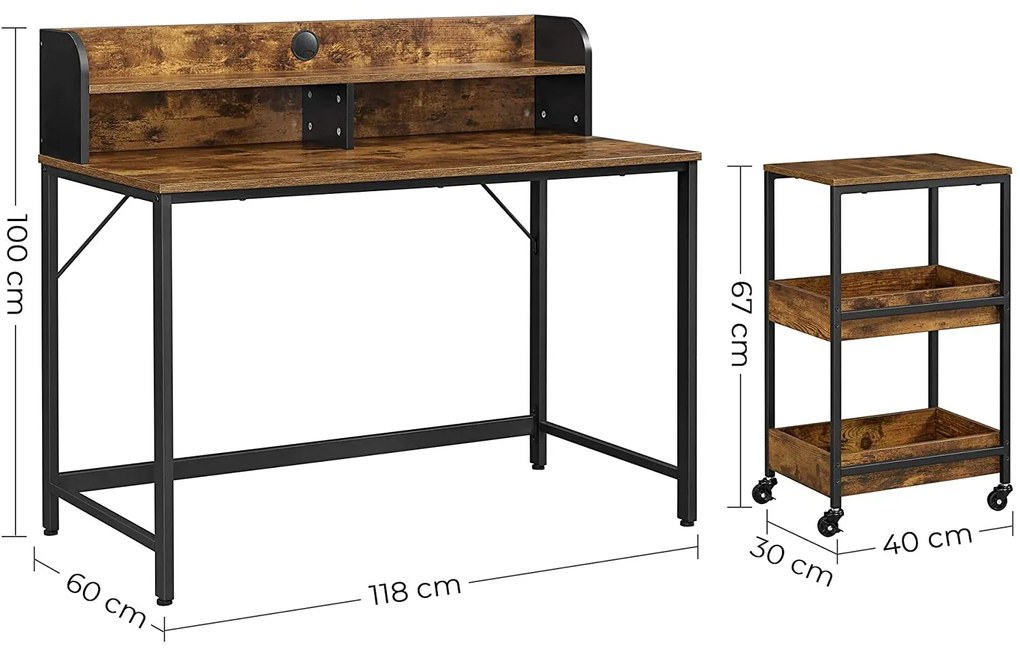 Nancy's Hibbing Kantoorset - Bureau - Rolwagen Met 3 Lagen - Monitorstandaard - Kabelmanagement - Staal - Bruin - Zwart - Industrieel