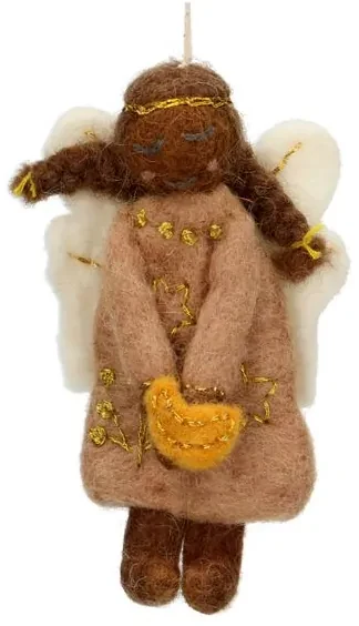 Kersthanger engel, zwart haar, vilt