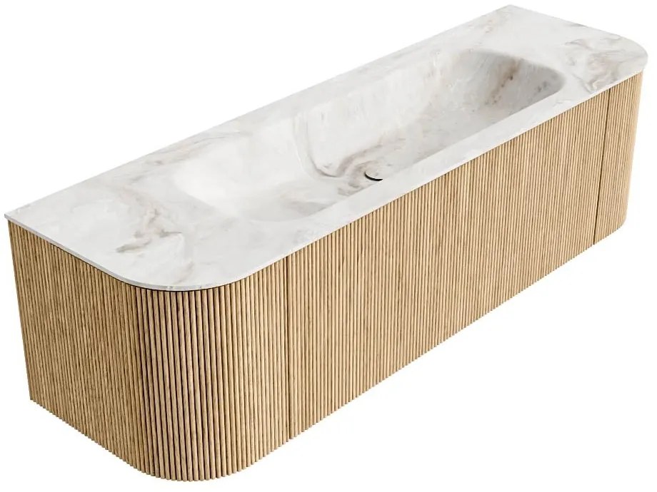 Mondiaz Kurve-dlux 150cm badmeubel ronding links/rechts oak met 1 lade en 2 deuren en wastafel big medium midden zonder kraangat frappe