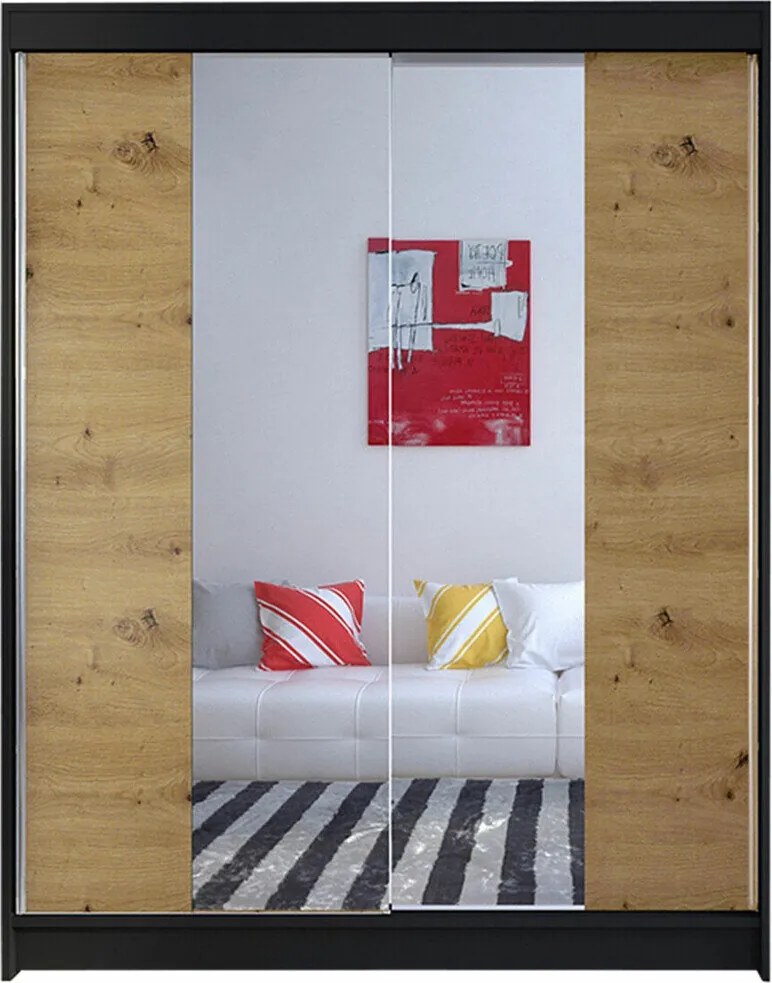 Kledingkast Closico Vastor II, Artisan eiken, Zwart, 200x150x58cm, 118 kg, Kledingkast deuren: Schuivend, Aantal planken: 5, Aantal planken: 5