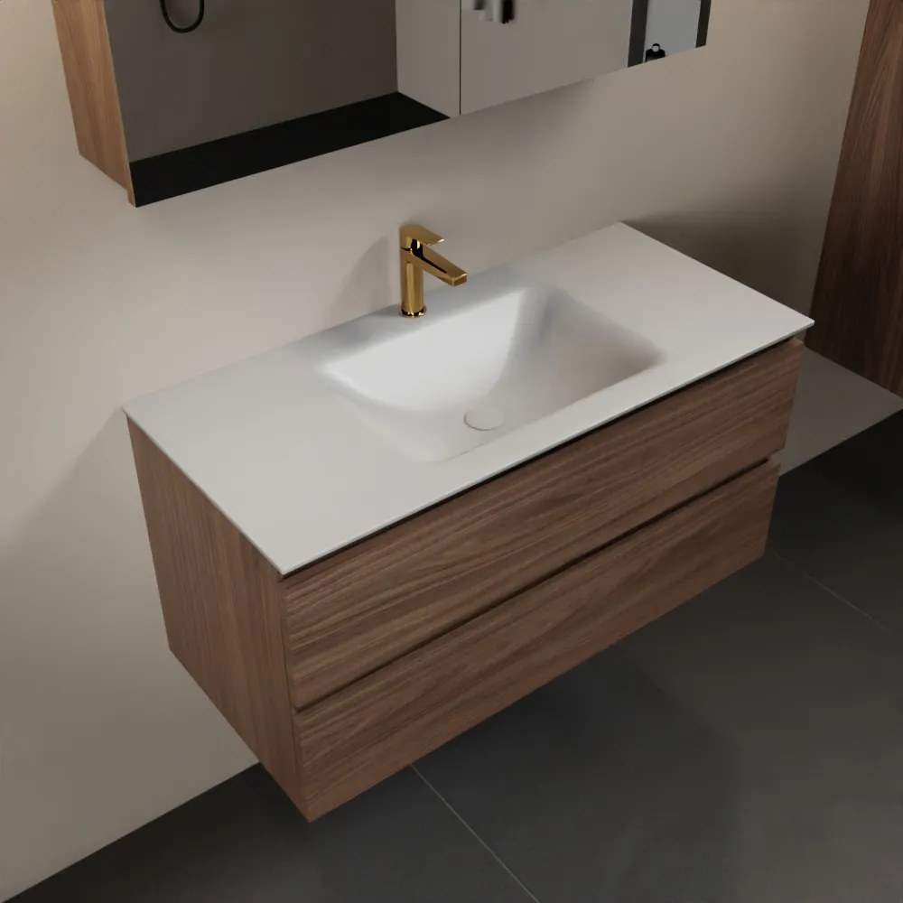 Mondiaz Aivy badmeubel 100cm mocha met wastafel solid surface talc midden 1 kraangat en spiegelkast