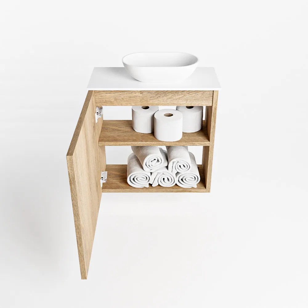 Mondiaz Fowy toiletmeubel 50cm washed oak met witte waskom rechts en kraangat