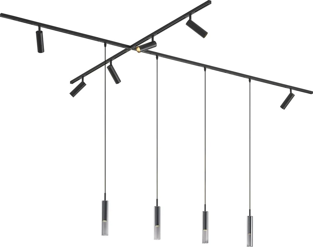 Modern railsysteem zwart met 6 spots en 4 hanglampen 1-fase - Slimline Uzzy Loyce
