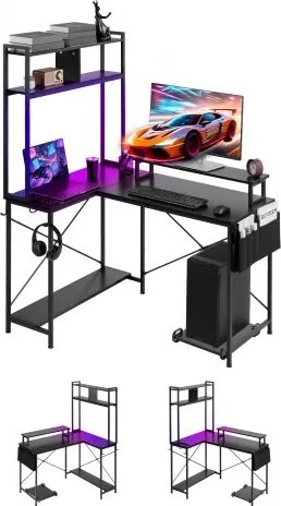 VEVOR Gaming Bureau L-vormig 1,2 m, hoekbureau met monitorstandaard, stopcontacten, uitschuifbare CPU-standaard en plank, hoekbureau met een draagvermogen van 68 kg, gamingbureau voor thuiswerkplek