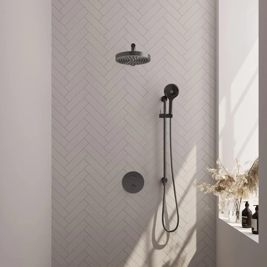 Brauer Stripe inbouw regendouche rond met 25cm hoofddouche, rond met rechte muurarm, glijstang en 3 standen handdouche set 46 gunmetal geborsteld PVD