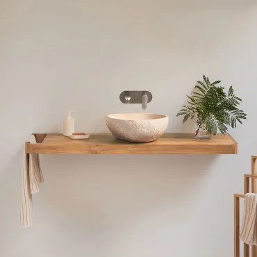 Conjunto Van Meubel 130x45 Cm Hangend In Teakhout Neill Teakhout & Spiegelloze & Onregelmatige In Beige Cement ↔︎40 Cm Fedro & Geborsteld Grijs Ingebe