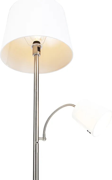 Klassieke vloerlamp staal met witte kap en leeslampje - Retro