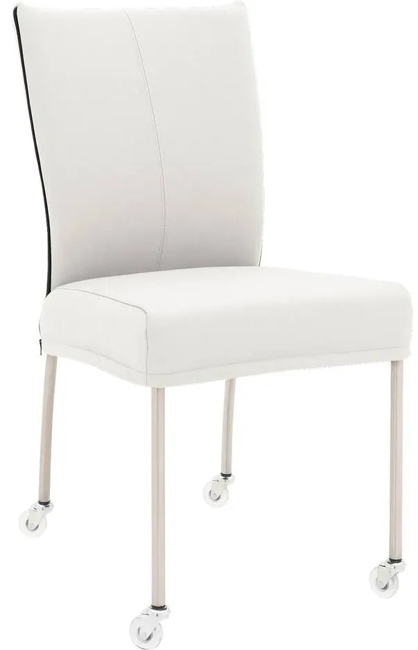 Goossens Eetkamerstoel Funk RVS Poten wit leer leuning en Transparant skater wiel met rvs kapmet wielen, modern design