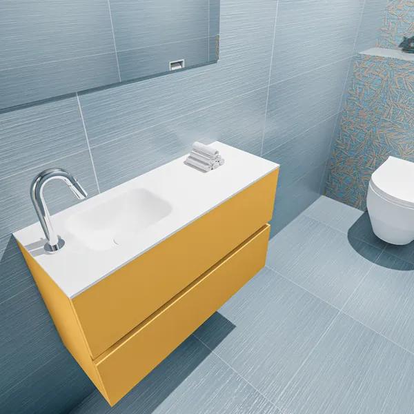 MONDIAZ ADA Toiletmeubel 80x30x50cm met 1 kraangaten 2 lades ocher mat Wastafel Lex links Solid Surface Wit FK75341867