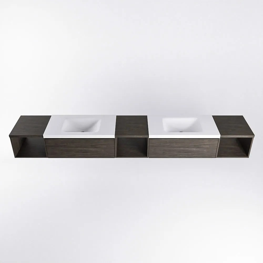 Mondiaz Bukla 280cm badmeubel met open module 40 L+M+R Dark Brown met 2 lades wastafel Cloud dubbel 0 kraangaten Talc