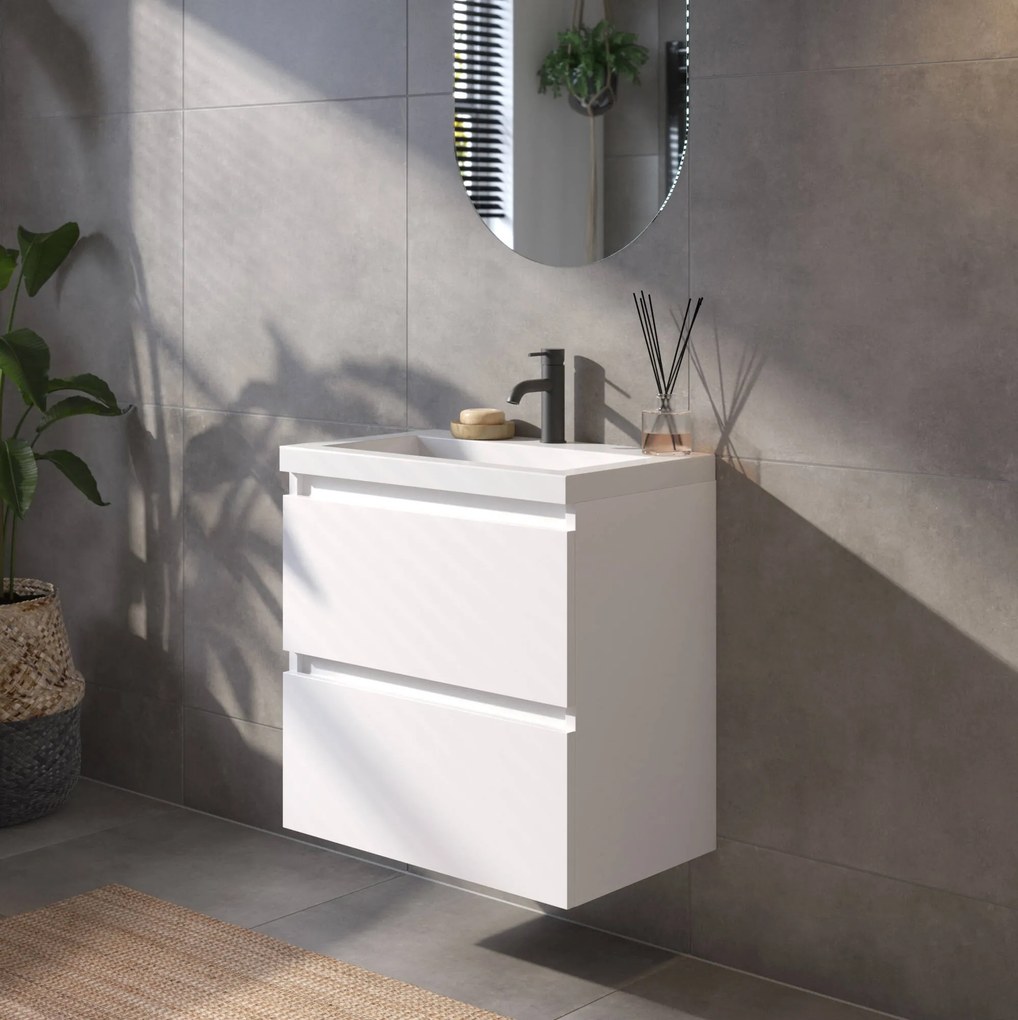 Saqu Gaia ondiep badmeubel incl. glans witte wastafel 60x40x64cm glans wit – witte greeplijst