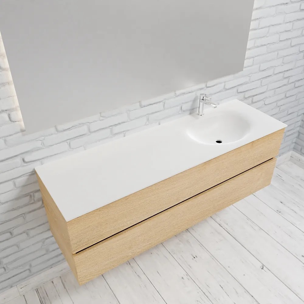 Zaro Sevilla Solid Surface badmeubel 150cm licht eiken 1 kraangat spoelbak rechts met 2 lades