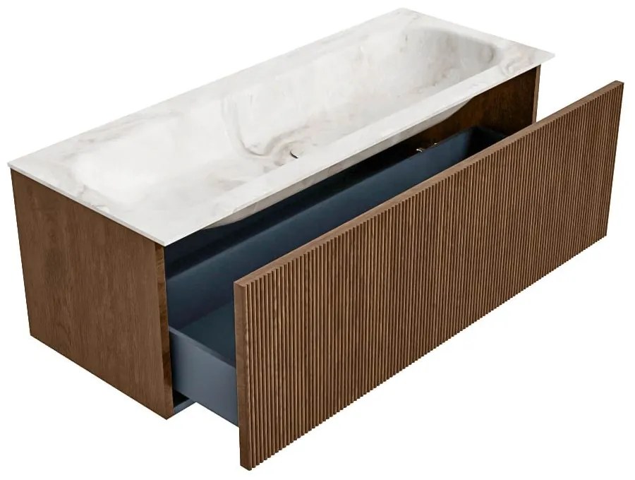 Mondiaz Kurve-dlux 120cm badmeubel walnut met 1 lade en wastafel big large midden 2 kraangaten frappe