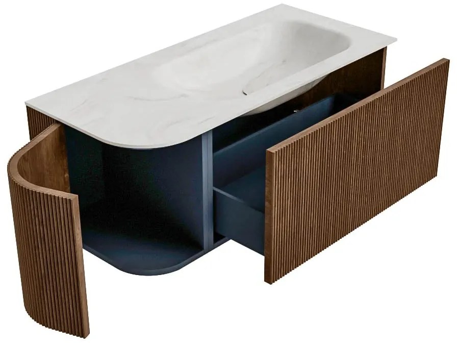 Mondiaz Kurve-dlux 105cm badmeubel ronding links walnut met 1 lade en deur en wastafel big small rechts zonder kraangat ostra
