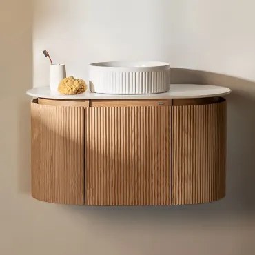 Carsone Houten Badkamermeubelset Natuurlijk Hout & Zonder Extra Eenheid & Ovaal Keramisch Wit Strepen ↔︎40 Cm Sinqua & Spiegelloze & Zonder Kraan -