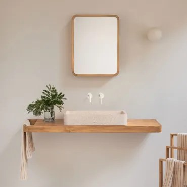 Conjunto Van Meubel 130x45 Cm Hangend In Teakhout Neill Teakhout & Rechthoekig Wit Cement 60x30 Cm Ronald & Rechthoekig Met Afgeronde Hoeken En -