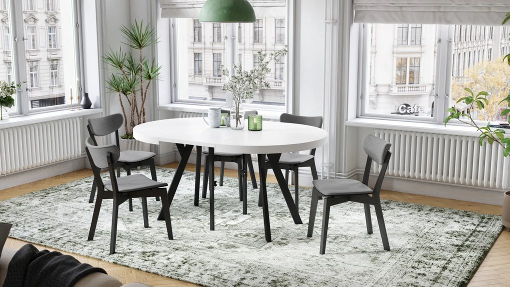 EXPANSO Wit mat/zwarte poten - GROTE RONDE TAFEL Ø110 UITBREIDBAAR TOT 310 cm met Y-POTEN LOFT/INDUSTRIAL