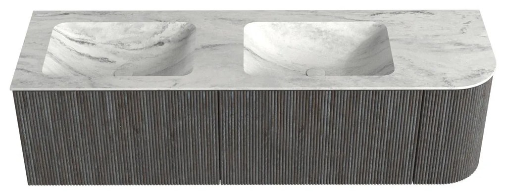 Mondiaz Kurve-dlux 155cm badmeubel ronding rechts shadow met 2 lades en 1 deur en wastafel leaf dubbel/links zonder kraangat opalo